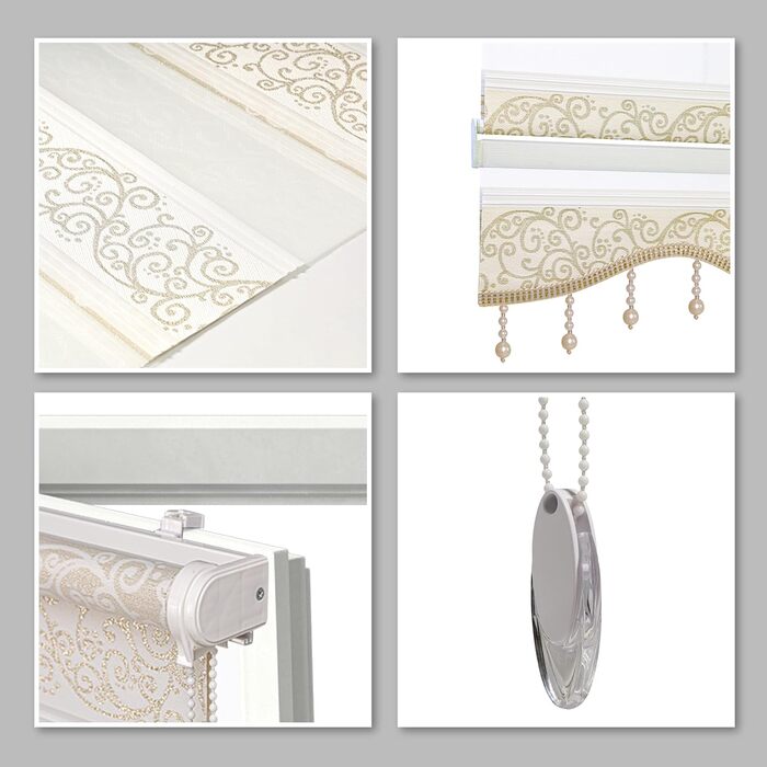 Double Roller Blind Klemmfix No Drilling White Silver 200 x 60 cm (Length x Width) Duo Roller Blind Blackout with Beads, Shimmers, Pleated Blind Window Door Zebra Blind Clamp Blind Side Pull Blind (Gold Beige, W50 x H200 cm)