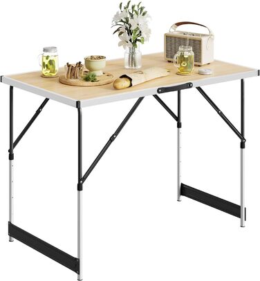 Складаний столик Woltu для кемпінгу та відпочинку на природі 100x60 см, регульована висота, алюмінієвий каркас з MDF, для кемпінгу, саду, заходів та ринків (світлий дуб)