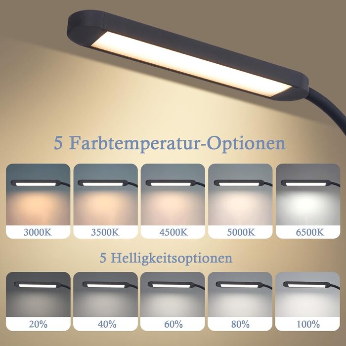 Лампа для столу Homefire LED з кріпленням, диммування: чорна, 3 кольори, 5 рівнів яскравості, 5W, гнучка, захист очей, денне світло для офісу та кабінету