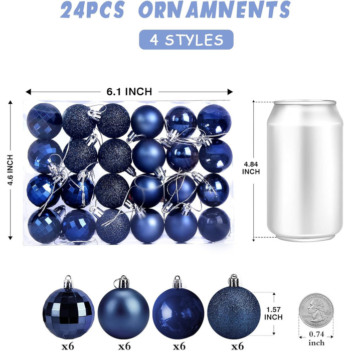 24 штуки новорічних кулі 4 см, пластикові, неб'ючі, для прикраси ялинки, синього кольору