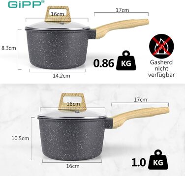 Каструля GiPP з кришкою, 16+18 см, з нержавіючої сталі, з антипригарним покриттям з граніту, з бакелітовою ручкою, для приготування соусів, молока, каші, сумісна з індукційними плитами, PFOA-free