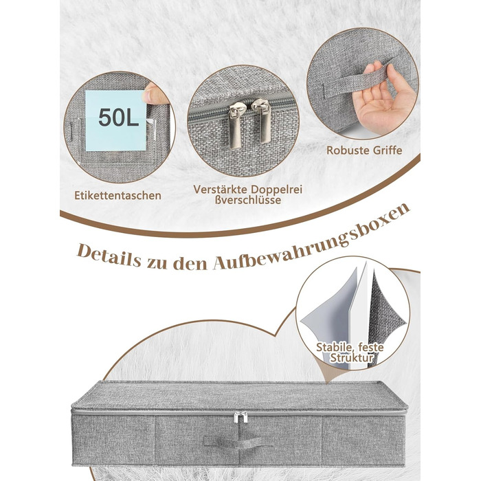 Коробки для зберігання під ліжко MePure, сірі, 2 шт. – 50л, з кришкою та блискавкою, для одягу, ковдр, постільної білизни, подушок, 76×38×17 см