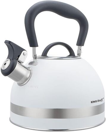Чайник Kinghoff 1.8L з нержавіючої сталі з свистком, для індукційних плит, компактний, з нержавіючої сталі, матовий білий