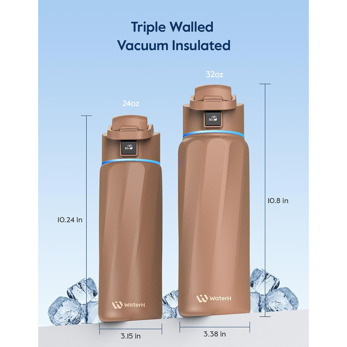 Розумна пляшка для води WATERH Boost з нагадуванням та трекером, 946 мл, нержавіюча сталь, подвійні стінки, широке горлечко, ідеальний подарунок (Mocha Mouse)