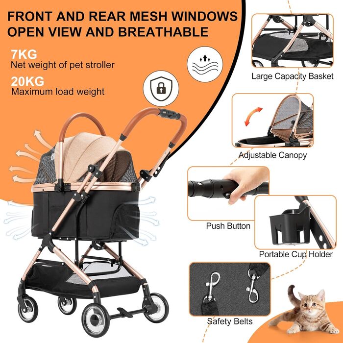 3 в 1 візок для собак з знімним сидінням для подорожей, бутка для собак, переносна сумка, складаний, візок для домашніх тварин, до 20 кг (Хакі)