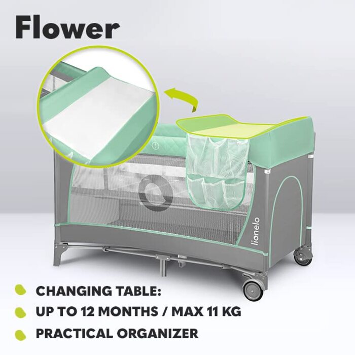 Lionelo Flower 4in1 Travel Cot Baby, Playard Baby with Side Entrance, Changing Table, Two Mattress Suspension Heights, Toy Arch with Figures, Wheels, Carry Bag 1 Piece (1 Pack) Turquoise