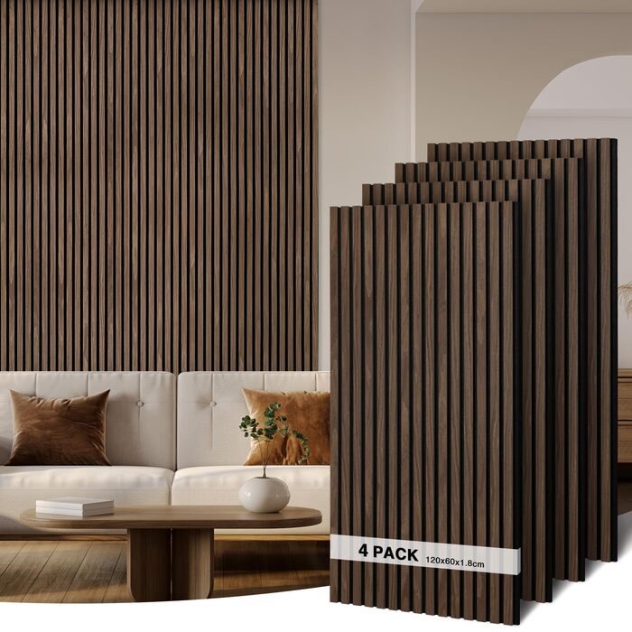 Акустичні панелі дерев'яні Holz 120x60 см (набір 4 шт, 2.88 м²) 3D для стін: студії, вітальні, офісу - горіх темний #11