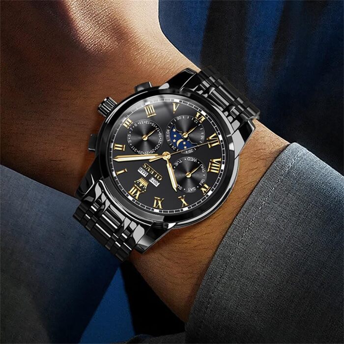 Чоловічий механічний годинник OLEVS 6692 з автопідзаводом: золотистий корпус, чорний циферблат та ремінець, фаза місяця, водонепроникний, люкс бізнес-стиль