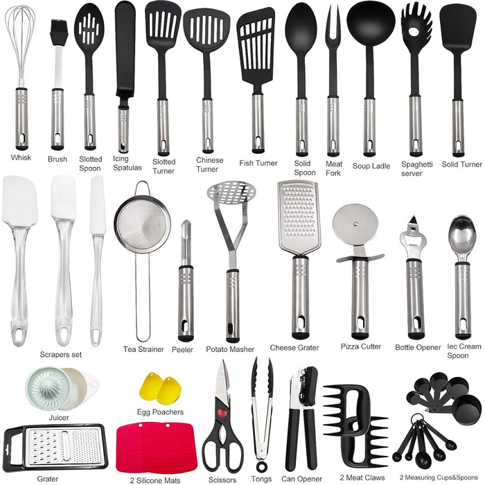 Kitchen Helper Set, 43 Pieces Kitchen Accessories Cooking Utensil Set made of Stainless Steel & Nylon, Heat-Resistant Home Kitchen Cooking Utensils - Spoon, Tongs, Whisk, Spatula, Pasta Server, Ladle, Turner.