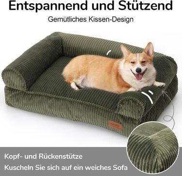 FUKUMARU Dog Bed for Large Dogs, Fluffy & Dog Sofa with Waterproof TPU Layer, Cord Fabric, Washable and Non-Slip, Removable Zipper Cover, 93 x 63 x 22 cm, Green