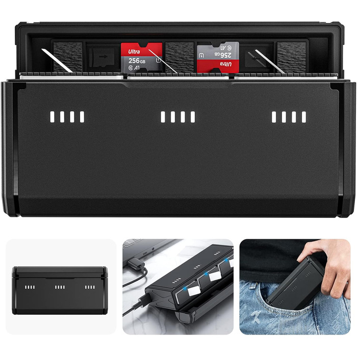 Зарядний пристрій для GoPro Hero 12/11/10/9 від Telesin: 3 слоти, 2 слоти TF-картки, портативний, з індикатором заряду