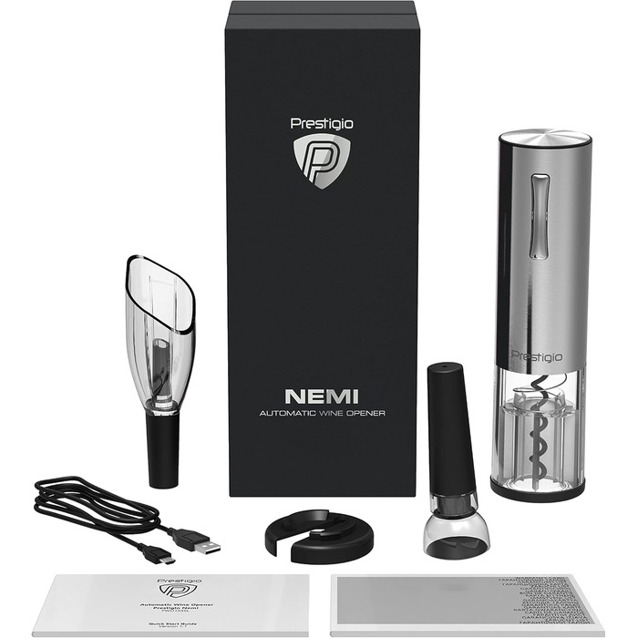Premium Electric Wine Opener with Charging Station - Integrated Foil Cutter - Packaged in a High-Quality Gift Box - Black/Silver (Nemi - Silver)