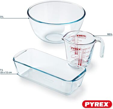 Pyrex 3-Piece Baking Set – 1 x 0.5 L Measuring Cup + 1 x 2 L Mixing Bowl + Cake Pan – Borosilicate Glass – Scratch-Resistant