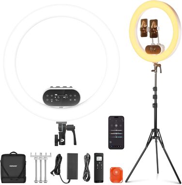 NEEWER Комплект кільцевого світла для фото та відео: 48 см, 52 Вт, регульоване LED, штатив, Bluetooth, для смартфона, YouTube, селфі (RH100B)