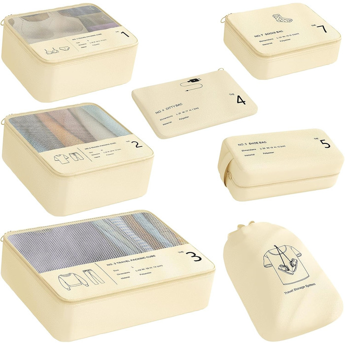 Органайзер для валізи Yomisee, набір 7 шт. - сумка-органайзер для подорожей, бежевий
