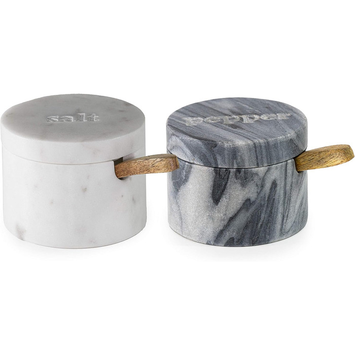 Birsppy Fair Trade Kitchen Utensils Salt and Pepper Shaker Set Marble with Spoon and Lid Salt Pot Stone