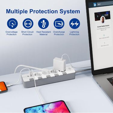 Мережевий фільтр KEPLUG з USB-портами (4000W, 16A) - розетка з 2 Type C, USB-A, дитячий захист, 2 м кабель