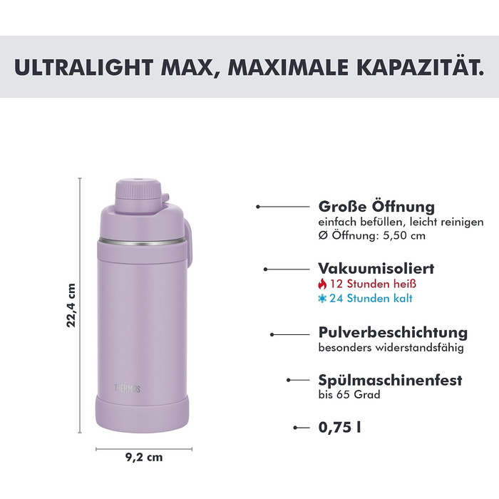 Термос Thermos Ultralight Max з ручкою, вакуумна пляшка з нержавіючої сталі для спорту та подорожей, 750 мл, світло-блакитний (Orchid Mat)