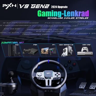 PXN V9 Gen2 Ігрове кермо для ПК, Xbox та PS4 з педалями та перемикачем передач, 270° оберт, 900° кут повороту, ефект Холла, вібрація