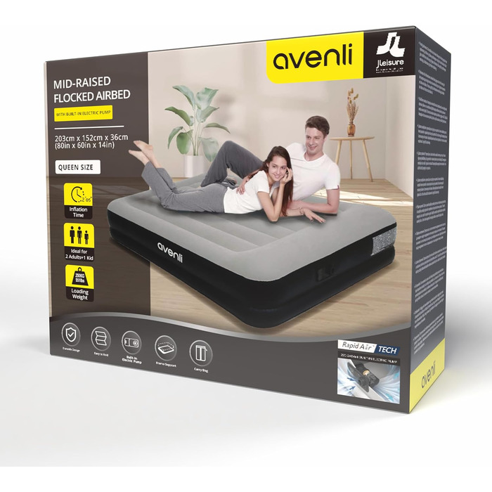 Надувний матрац-ліжко AVENLI для 2 осіб, 203x152x36 см з інтегрованою помпою, флаокова поверхня, для кемпінгу та дому