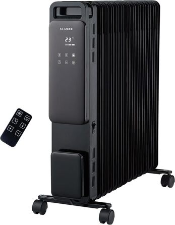 KLAMER Oil Radiator 2500 W, Electric Heater Energy-Saving, 13 Fins, 3 Heating Levels with Eco Mode, 24h Timer, Thermostat, Overheat & Tip-Over Protection, with Remote Control, for Indoor Use, Black