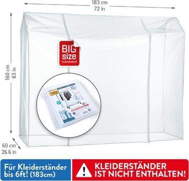 Tatkraft BIG Garment Rack Cover, Clothes Rack Cover, Plastic, Transparent, 2 Zippers, Extra Wide, L183 cm