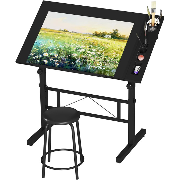 Adjustable Drafting Table with Tilting Surface (0-60°) - Height Adjustable Art Table with Stool and Storage for Home & Office - Black Wood Finish
