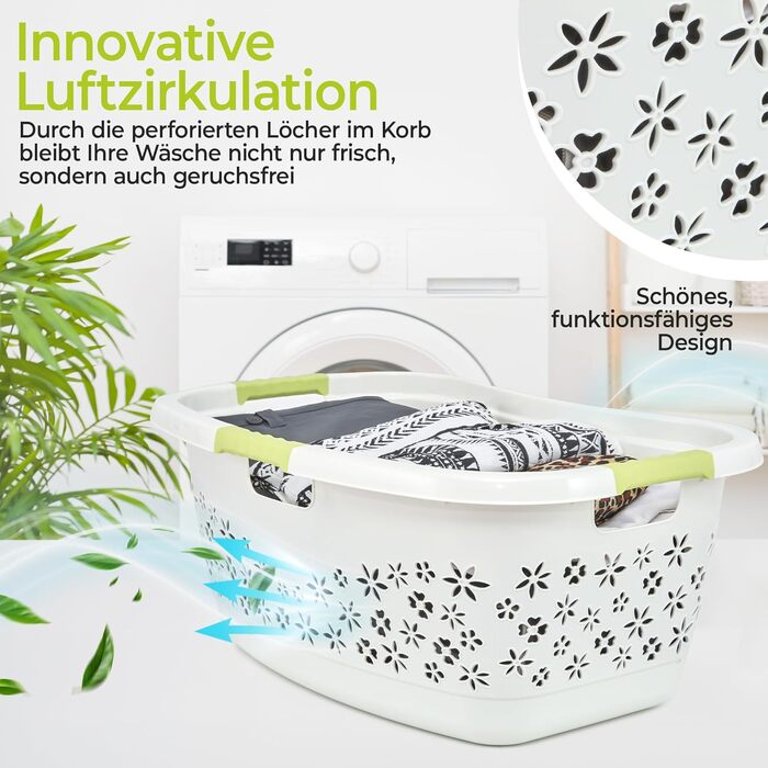 Premium laundry basket 50 L with ergonomic shape, soft-touch handles, breathable design, and decorative floral pattern (white/mint green)