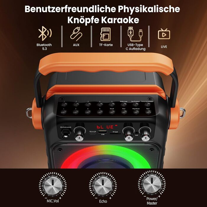 Караоке машина JYX MS82 з 2 мікрофонами, Bluetooth 5.3, USB/TF/AUX, LED-підсвітка, портативна колонка для вечірок та відпочинку