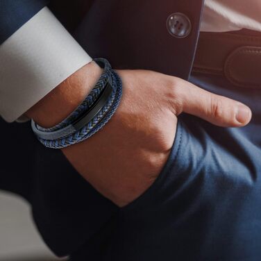Чоловічий шкіряний браслет Shieageld з нержавіючою сталевою застібкою-магнітом, плетений браслет для чоловіків, синій, 22 см, подарункова коробочка