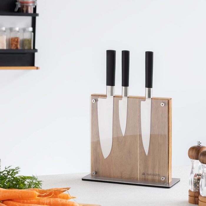 Navaris Magnetic Knife Holder, Double-Sided, Acacia Wood - Magnetic Knife Block, Cutting Board, Magnetic Holder - Knife Rack, Unfitted - with Protection