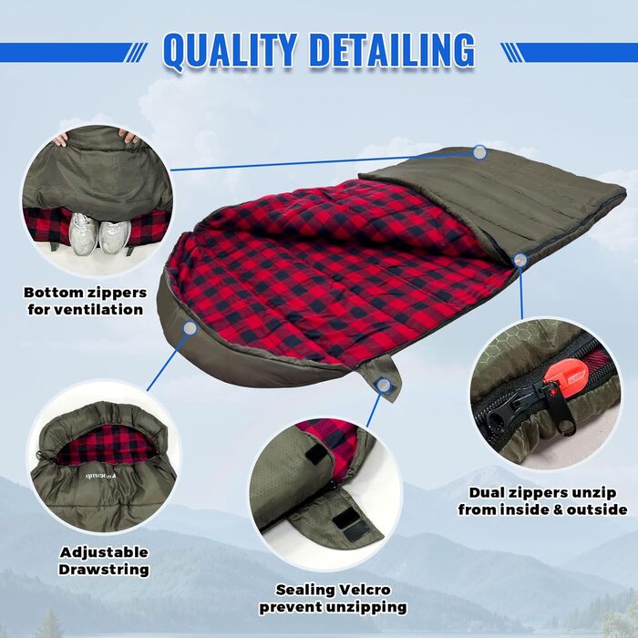 Сплячий мішок Keencamp Flanell Warmer для кемпінгу, 3-4 сезони, бавовняна підкладка, до -1°C, XXL, 230x90 см (зелений, Zip)