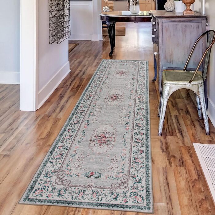 Килим TALETA для вітальні, спальні, офісу: вінтажний, квітковий, 80x300 см, сірий (03)