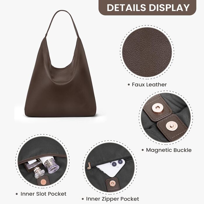Жіноча шкіряна сумка-шопер GSenhui Hobo Bag (кава) – велика, м'яка, вінтажна сумка на плече для роботи, навчання, покупок
