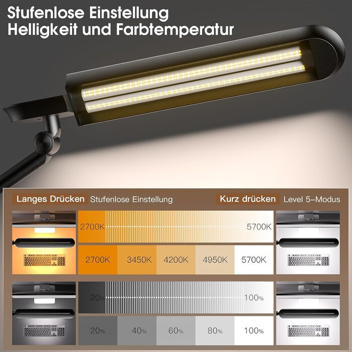 LED лампа настільна з кліпсою, 18W, 1100 люменів, регульована, для офісу та дому, без відблисків, захист очей, білий (чорний)
