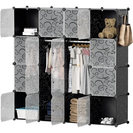 DIY Closet Shelf System with 16 Cubes, Wardrobe, Open Closet, Plastic Wardrobe with Doors, Wardrobe Cabinet, Black, 180 x 142 x 37CM (Black 16 Cubes with Clothes Hooks)