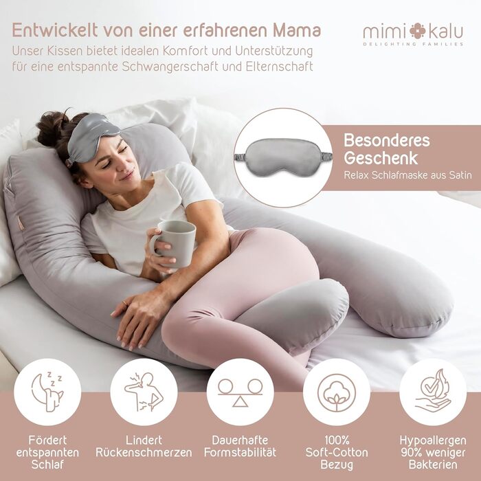mimi kalu® Side Sleeper Pillow with Memory Foam [Shape-Retaining] including 100% Soft-Cotton Cover and Sleep Mask | Pregnancy Pillow for Sleeping | Pillow | Nursing Pillow | Snuggle Pillow | Comfort Pillow 130 x 70 Platinum Gray 1