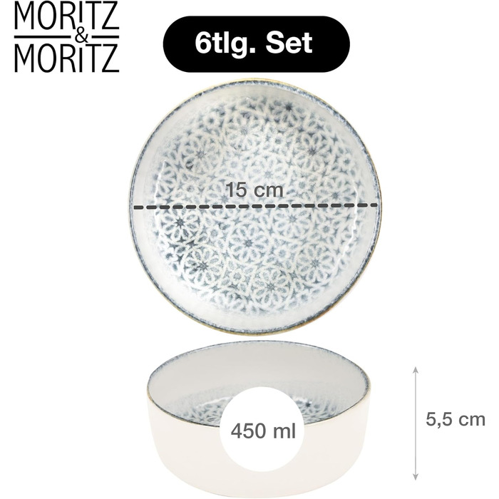 Набір мисок Moritz & Moritz ALHAMBRA 6 шт. блакитні - стильні та міцні миски з порцеляни для мюслі, супів та салатів. Можна мити в посудомийній машині, підходять для мікрохвильової печі, ідеальні для щоденного використання.