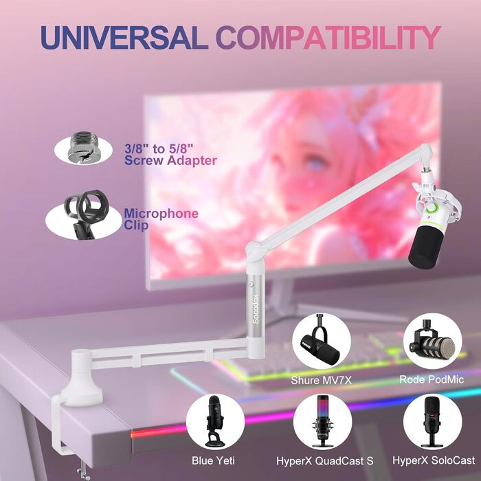 Низькопрофільний мікрофонний важіль, міцний тримач для мікрофона з кріпленням до столу 7 см, адаптери 3/8' та 5/8', для Blue Yeti, подкастів, геймінгу, вантажопідйомність до 2 кг, білий