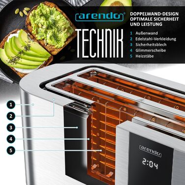 Тостер Arendo з нержавіючої сталі, 4 слоти, сенсорний екран, подвійні стінки, 1500 Вт, підставка для булочок, 6 ступенів підсмажування, центрування хліба, таймер, пам'ять, колір: сталевий