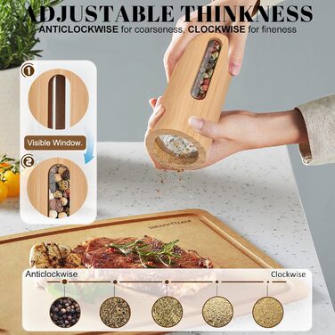 BOCHION Salt and Pepper Grinder Set of 2, Spice Grinder with Transparent Window and Coaster, Large Wooden Salt and Pepper Grinder with Manually Adjustable Ceramic Grinding Core, for BBQ, Restaurant, Kitchen, 18 cm