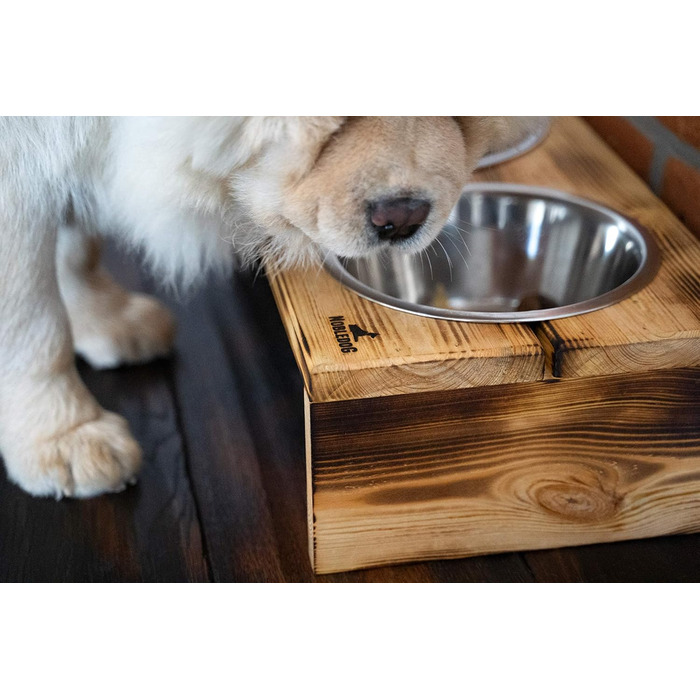 Набір мисок для собак Nobledog з нержавіючої сталі, миска для котів, піднята, дерев'яна, подвійна миска для корму, станція для годування, тримач для мисок - S, об'єм: 2 x 0,3 л