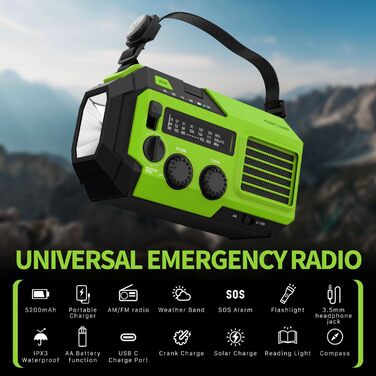 Радіоприймач FosPower NOAA/AM/FM з Power Bank 19240 мАг (5200 мАг) – сонячна/USB зарядка, ручний генератор, SOS-сигнал, ліхтарик, зелений
