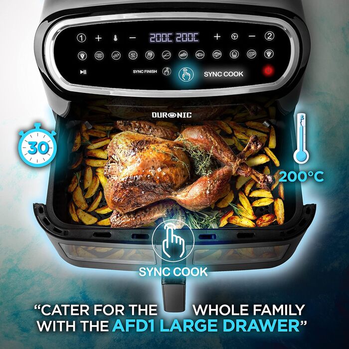 Duronic AF34 BK Hot Air Fryer, XXL Hot Air Fryer with 2 Chambers for Fries, Fryer HLF 10L Volume Airfryer, Air Fryer for Recipes Without Oil