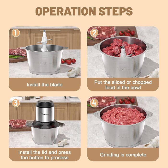 Електричний подрібнювач для кухні 2L з нержавіючої сталі. Подрібнювач для м'яса, овочів та цибулі з 4 лезами.