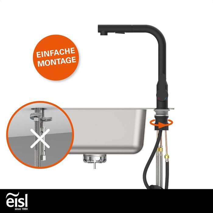 Кран кухонний гнучкий EISL Flexo з нержавіючої сталі/чорний, 360° обертання, високий вилив, шланг Soft-Touch, 2 функції, NI186FLNIB