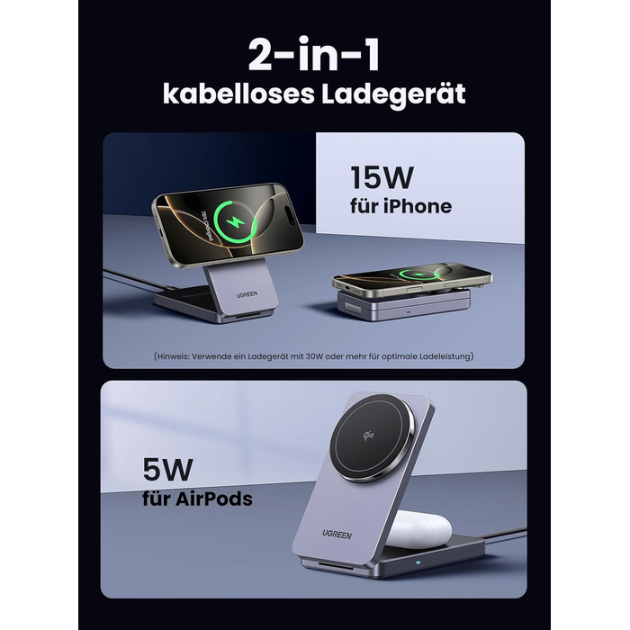 Зарядний пристрій UGREEN MagFlow Qi2 з підтримкою MagSafe, 15W, 2-в-1, для iPhone 17/16/15/14/13/12, AirPods 2/3, з кабелем 1м