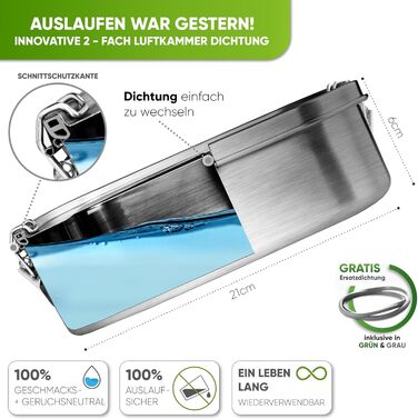 Premium Stainless Steel Lunch Box I 1400ml I Includes Replacement Seal and 2 Dividers I The improved lunch box is leak-proof and very easy to clean I For children and adults