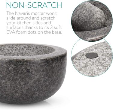 Navaris Granite Mortar and Pestle Set - Large Stone Mortar & Pestle for Spices, Pesto, Herbs - Includes Stamper with Mallet - Ø 16cm