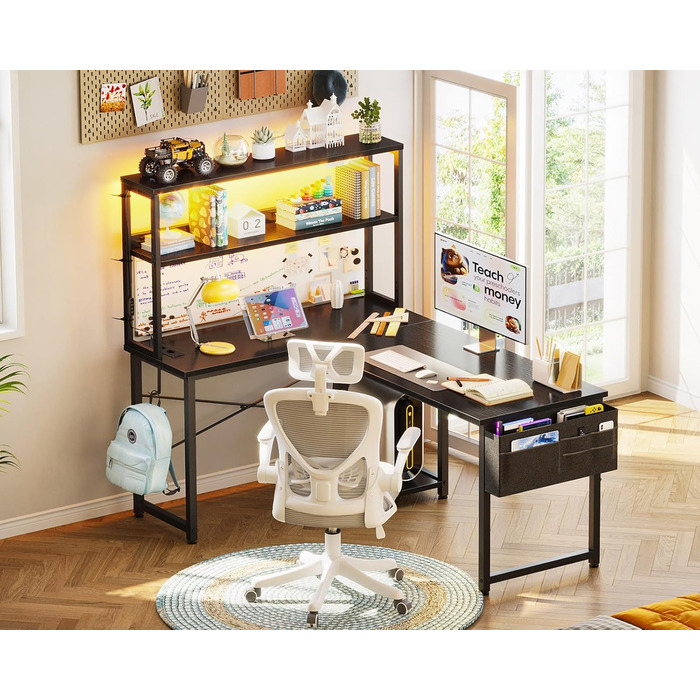 Ігровий стіл Coleshome L-подібної форми з LED підсвічуванням та розетками, 135 × 100 см. Реверсивний кутовий стіл з полицями та сумкою для зберігання, для дому та ігор (110×80 см, чорний)